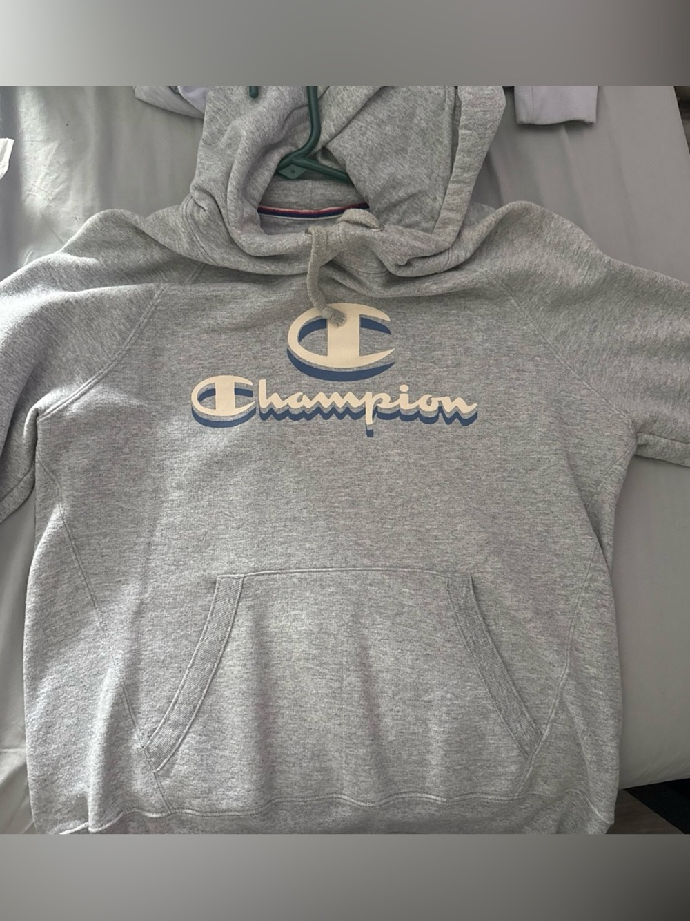 Champion Light Gray Hoodie with Blue & Cream Logo